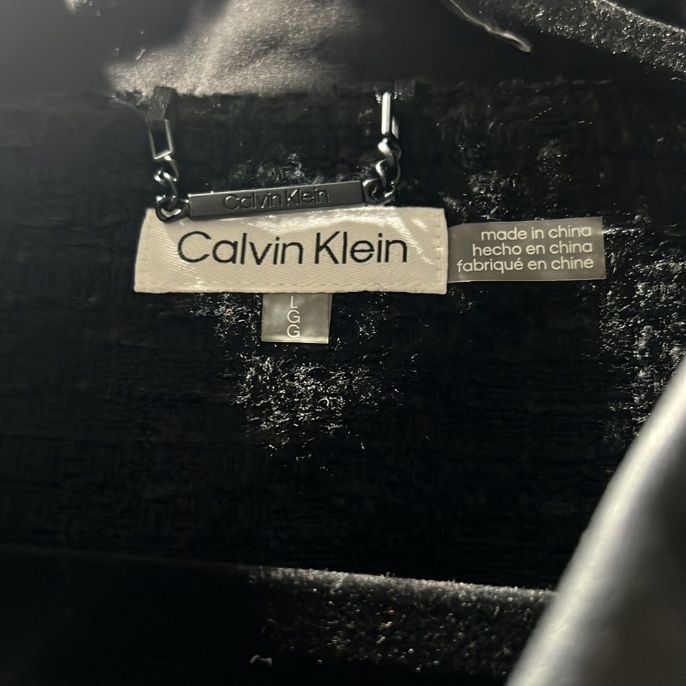 Calvin Klein tweed jacket with faux leather trims. Size L, NWOT.Gorgeous black. - Picture 2 of 3